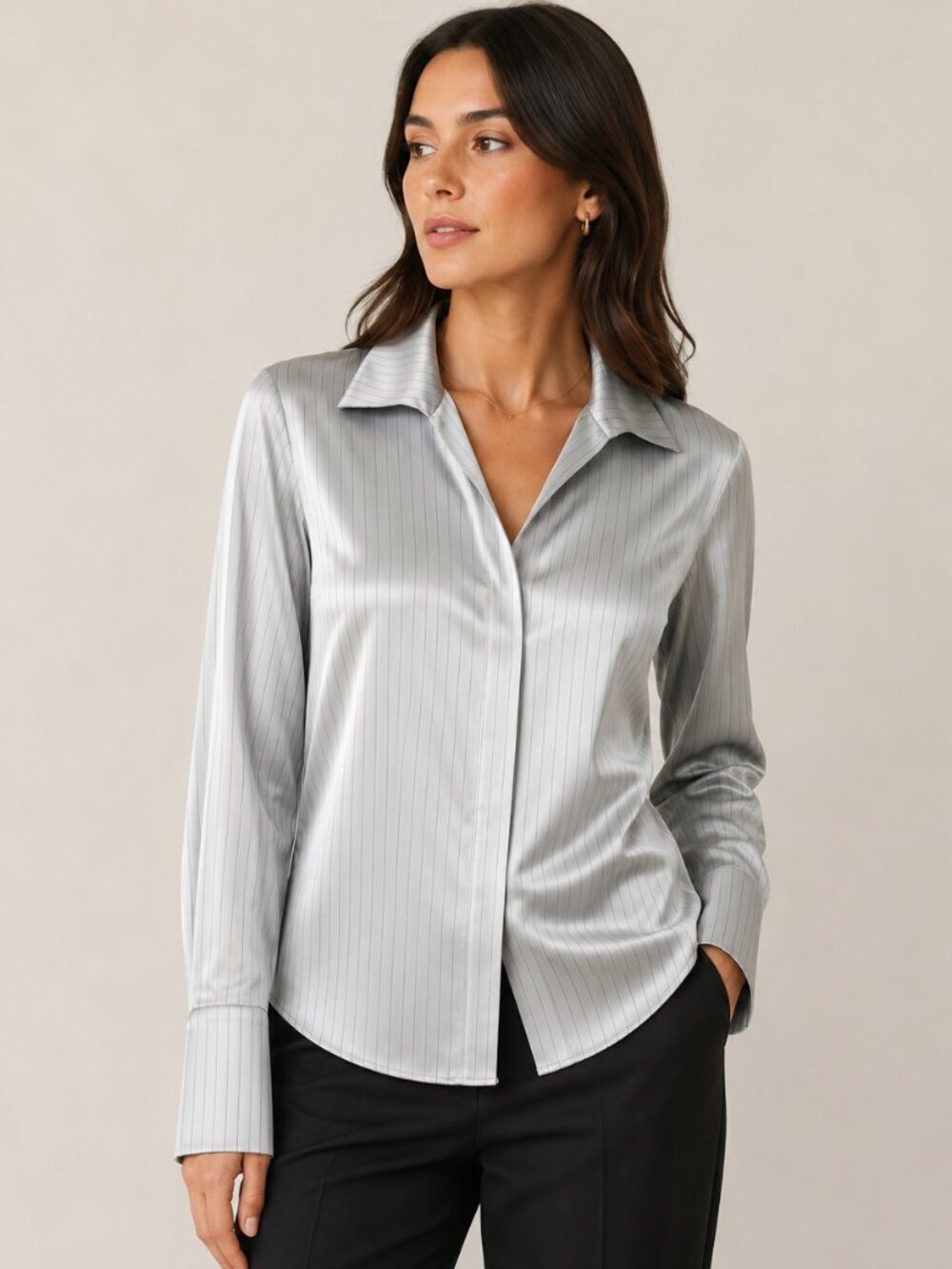 Lafayette 148 New York Vintage Slate Blue 100% Silk  Button Down Blouse Size 6 - Picture 1 of 9